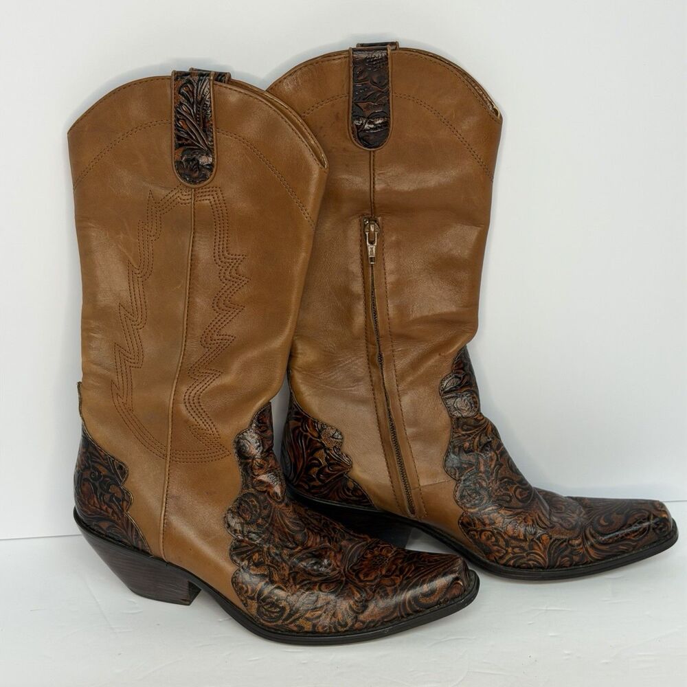 Coldwater Creek Women's 8.5 M Leather Western Boots Tooled Floral Brown Zip